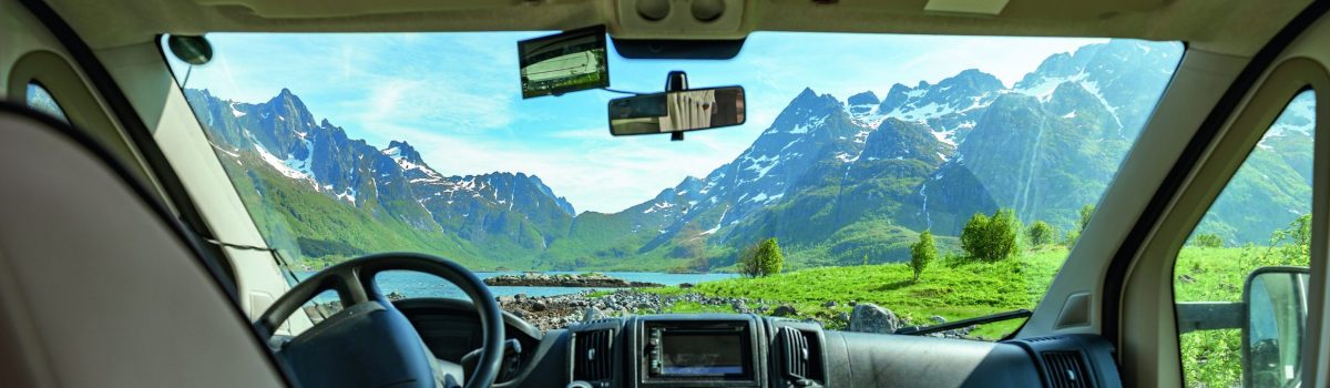 View from the window of the motorhome RV Caravan on the beautifu View from the window of the motorhome RV Caravan on the beautiful nature of Norway. lovatnet lake Lodal valley.